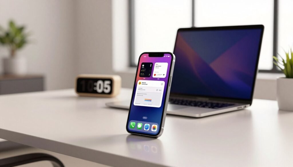 A sleek, modern interior office space featuring a high-end iPhone on a minimalist desk, showcasing a vibrant user interface with optimized system features. In the foreground, the iPhone is angled slightly to highlight its screen displaying detailed app layouts, and system performance metrics. The middle ground features a stylish laptop and a digital clock, emphasizing a tech-savvy environment. The background includes soft-focus elements like stylish office decor and large windows letting in natural light, creating a bright, clean atmosphere. The overall mood is professional and dynamic, capturing the innovative spirit of Apple's design philosophy. Use soft lighting for a warm yet modern appearance, with a shallow depth of field for an elegant finish. A sleek, modern interior office space featuring a high-end iPhone on a minimalist desk, showcasing a vibrant user interface with optimized system features. In the foreground, the iPhone is angled slightly to highlight its screen displaying detailed app layouts, and system performance metrics. The middle ground features a stylish laptop and a digital clock, emphasizing a tech-savvy environment. The background includes soft-focus elements like stylish office decor and large windows letting in natural light, creating a bright, clean atmosphere. The overall mood is professional and dynamic, capturing the innovative spirit of Apple's design philosophy. Use soft lighting for a warm yet modern appearance, with a shallow depth of field for an elegant finish.